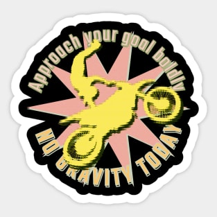 Approach your goal boldly. No gravity today. Yellow motorcyclist in jump position on a motocross bike against a light pink star background Sticker